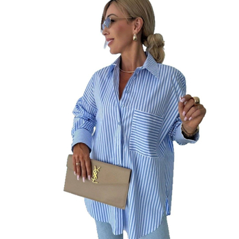 2025 Amazon AliExpress európai és amerikai tavaszi új női lezser, bő csíkos, zsebes hosszú ujjú ing