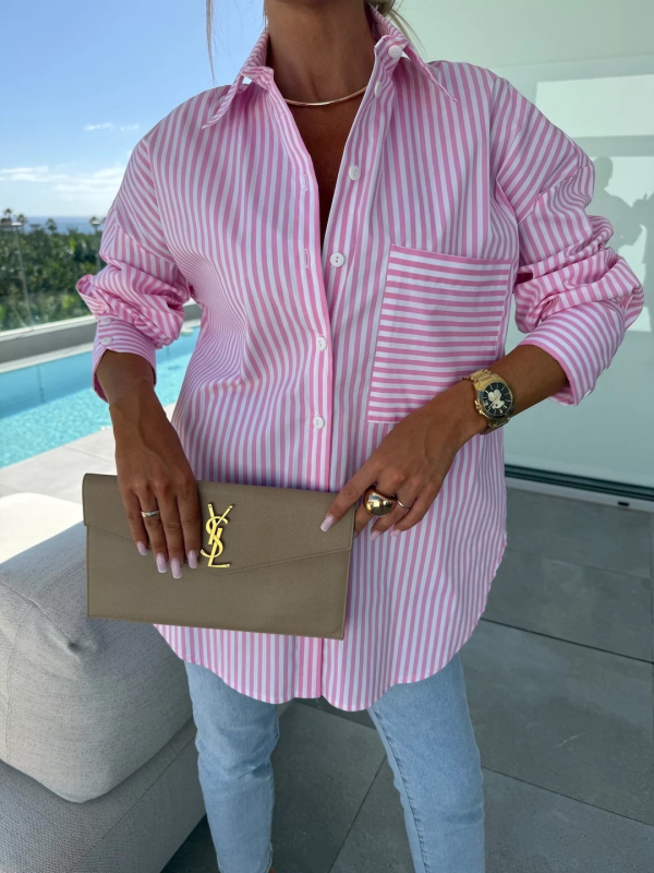 2025 Amazon AliExpress európai és amerikai tavaszi új női lezser, bő csíkos, zsebes hosszú ujjú ing