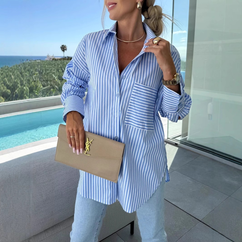 2025 Amazon AliExpress európai és amerikai tavaszi új női lezser, bő csíkos, zsebes hosszú ujjú ing