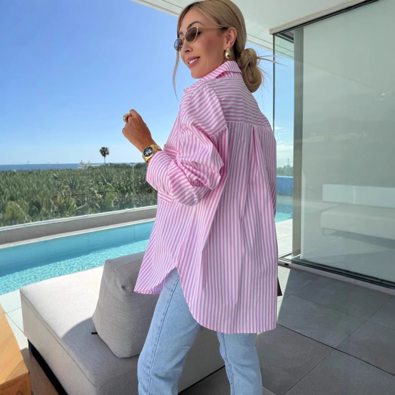 2025 Amazon AliExpress európai és amerikai tavaszi új női lezser, bő csíkos, zsebes hosszú ujjú ing