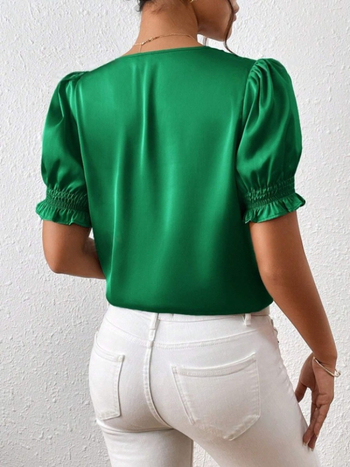 Amazon Cross-Border Нова сатенена риза с V-образно деколте и копчета, пролетно-лятна френска ежедневна риза с къс ръкав и волани, европейска и американска