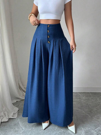 Amazon трансграничен европейски и американски стил нов дамски дизайн копчета висока талия широки драпирани отслабващи ежедневни широки панталони