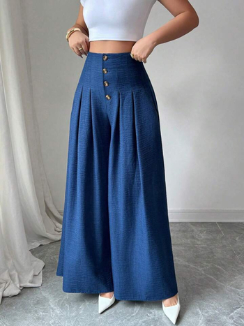 Amazon трансграничен европейски и американски стил нов дамски дизайн копчета висока талия широки драпирани отслабващи ежедневни широки панталони