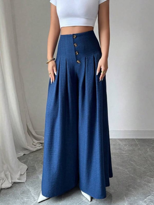 Amazon határokon átnyúló európai és amerikai stílusú új női dizájn gombos, magas derekú, laza drapéria, karcsúsító, lezser, széles szárú nadrág