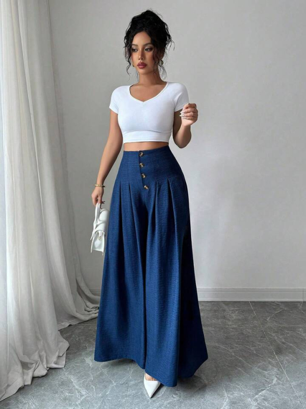 Amazon határokon átnyúló európai és amerikai stílusú új női dizájn gombos, magas derekú, laza drapéria, karcsúsító, lezser, széles szárú nadrág