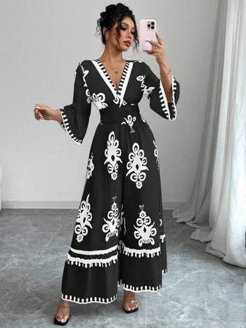 Ευρωπαϊκή και Αμερικανική Διασυνοριακή Ολόσωμη Φόρμα με Στάμπα V και Μακρυμάνικο Στυλ, 25% σε Πωλήσεις στο Amazon, Μποέμ Στυλ, με 25% Έκπτωση, στη Μέση και Φαρδιά Πόδια