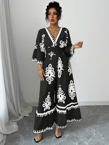 Ευρωπαϊκή και Αμερικανική Διασυνοριακή Ολόσωμη Φόρμα με Στάμπα V και Μακρυμάνικο Στυλ, 25% σε Πωλήσεις στο Amazon, Μποέμ Στυλ, με 25% Έκπτωση, στη Μέση και Φαρδιά Πόδια