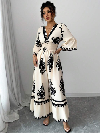 Ευρωπαϊκή και Αμερικανική Διασυνοριακή Ολόσωμη Φόρμα με Στάμπα V και Μακρυμάνικο Στυλ, 25% σε Πωλήσεις στο Amazon, Μποέμ Στυλ, με 25% Έκπτωση, στη Μέση και Φαρδιά Πόδια