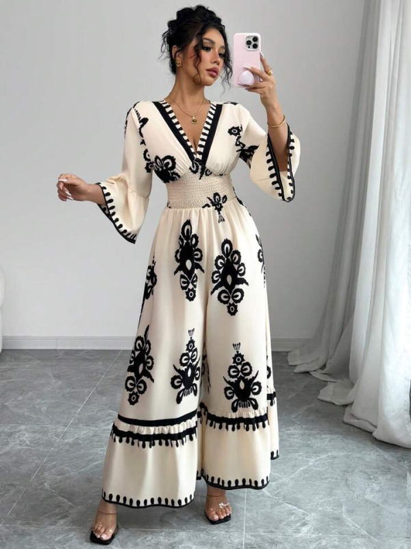 Európai és amerikai határokon átnyúló 25 Amazon-os, népszerű, bohém stílusú, nyomtatott, V-nyakú, hosszú ujjú, derekát összehúzó, széles szárú overál