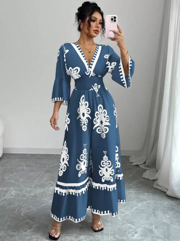 Európai és amerikai határokon átnyúló 25 Amazon-os, népszerű, bohém stílusú, nyomtatott, V-nyakú, hosszú ujjú, derekát összehúzó, széles szárú overál