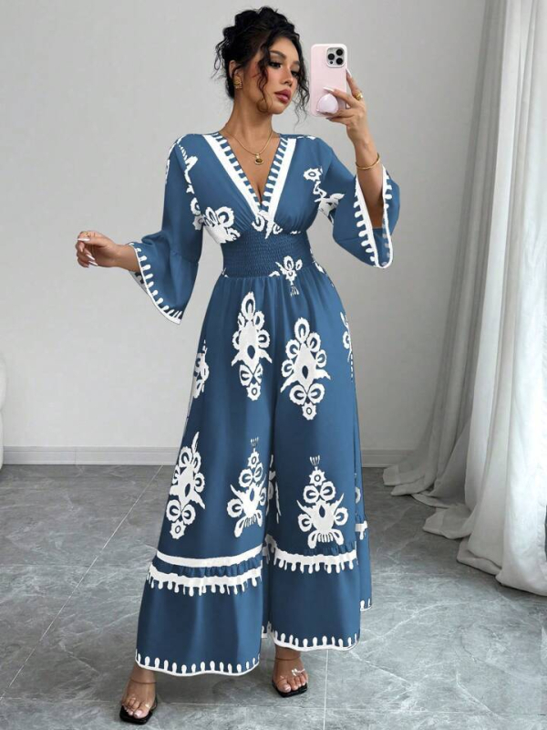 Európai és amerikai határokon átnyúló 25 Amazon-os, népszerű, bohém stílusú, nyomtatott, V-nyakú, hosszú ujjú, derekát összehúzó, széles szárú overál