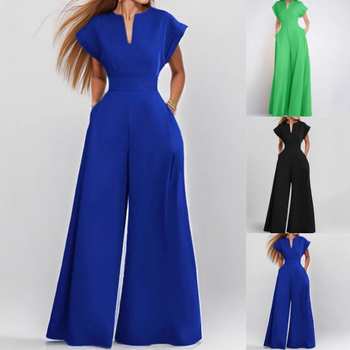 2025 tavaszi új európai és amerikai női laza divatos elegáns rövid ujjú galléros, egyszínű, széles szárú nadrág