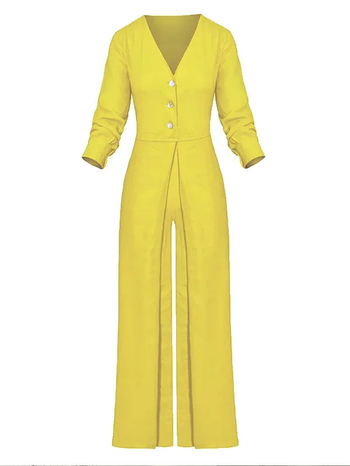 Νέα ψηλόμεση, μονόχρωμη φόρμα με V λαιμόκοψη και μακριά μανίκια, τσέπες και κουμπιά του 2025