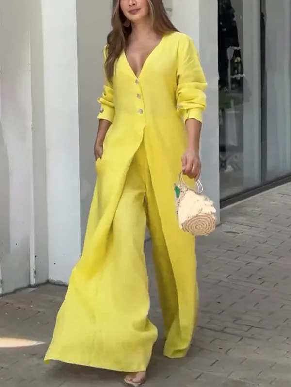 2025 Új Magas Derekú Hosszú Ujjú, Gombos Zsebes, Egyszínű, V Nyakú Overall