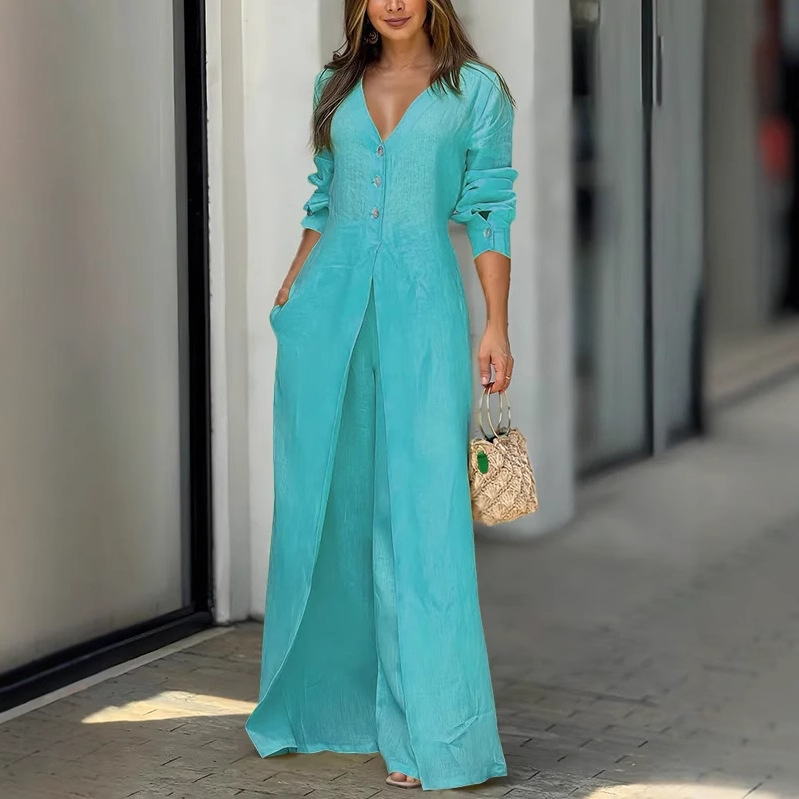 2025 Új Magas Derekú Hosszú Ujjú, Gombos Zsebes, Egyszínű, V Nyakú Overall