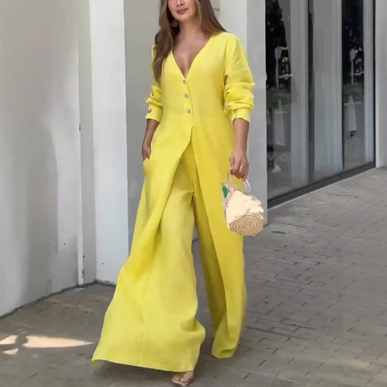 2025 Új Magas Derekú Hosszú Ujjú, Gombos Zsebes, Egyszínű, V Nyakú Overall