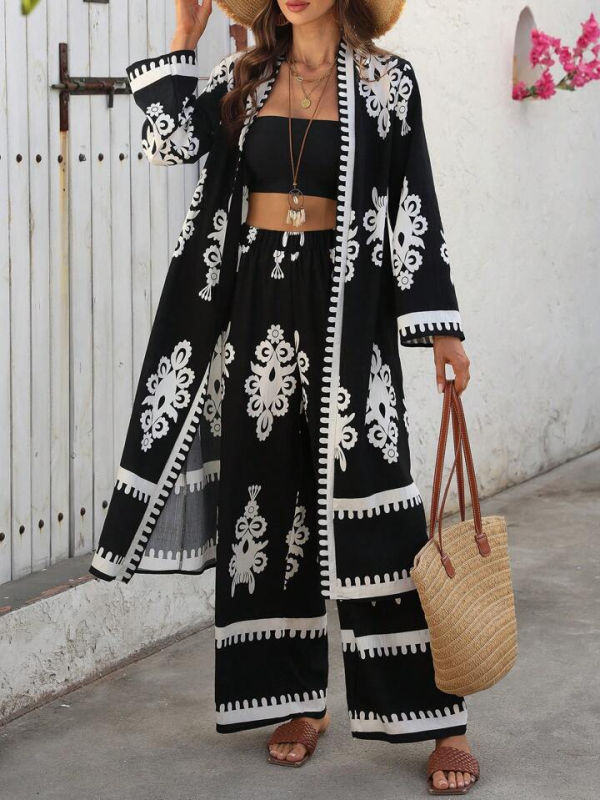 Európai és amerikai határokon átnyúló 2025 tavaszi és őszi új Amazon divatcikk retró mintás kardigán bő nadrág overál