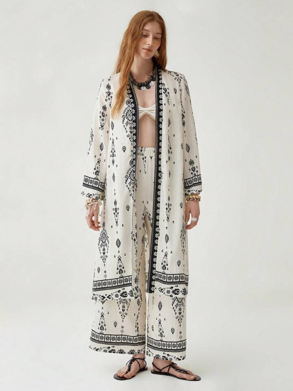 Európai és amerikai határokon átnyúló 2025 tavaszi és őszi új Amazon divatcikk retró mintás kardigán bő nadrág overál