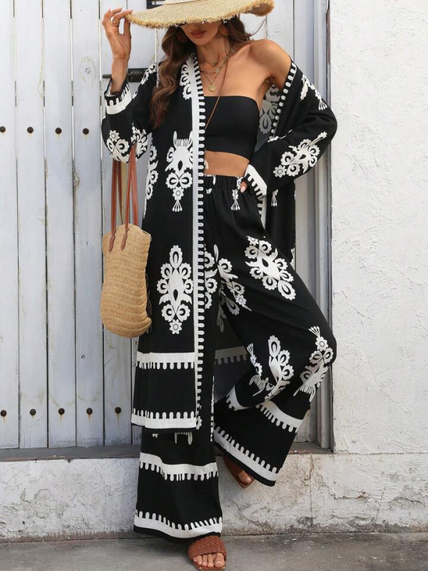 Európai és amerikai határokon átnyúló 2025 tavaszi és őszi új Amazon divatcikk retró mintás kardigán bő nadrág overál