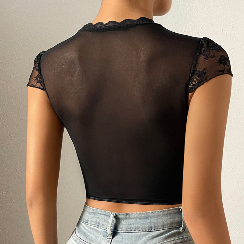 „Amazon“ europietiška ir amerikietiška apvalios kaklo formos gėlėta nėrinių rombo formos seksuali plieninė palaidinė su žuvies kaulo formos raštu, plona, bambą atidengianti trumpa palaidinė A1071