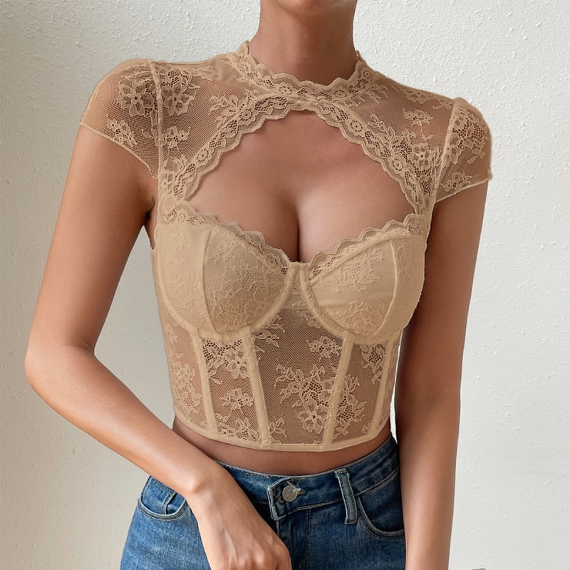 Amazon Európsky a americký okrúhly výstrih s kvetinovou čipkou, kosoštvorcový sexy oceľový prsteň s rybou kosťou, štíhly krátky top s odhaleným pupkom A1071
