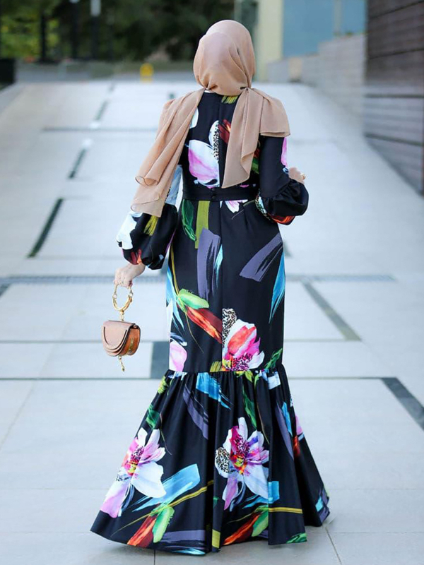 2024-es fekete hosszú ujjú, nyomtatott ünnepi öv, közel-keleti női arab ruha