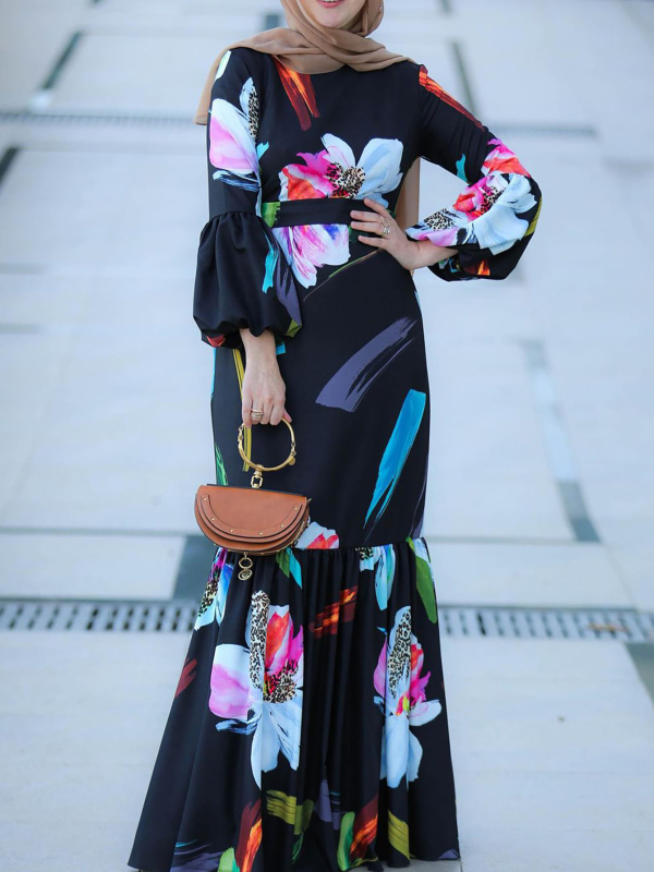 2024-es fekete hosszú ujjú, nyomtatott ünnepi öv, közel-keleti női arab ruha