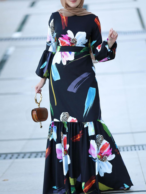 2024-es fekete hosszú ujjú, nyomtatott ünnepi öv, közel-keleti női arab ruha