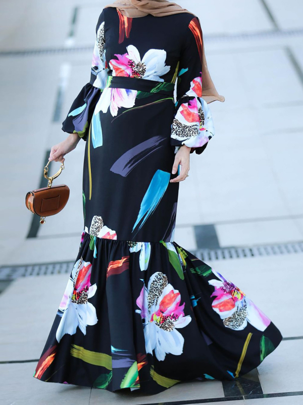 2024-es fekete hosszú ujjú, nyomtatott ünnepi öv, közel-keleti női arab ruha