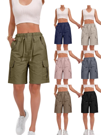 Női sportnadrág, lezser, laza, egyszínű, magas derekú, fűzős, cargo zsebes rövidnadrág