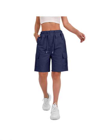 Női sportnadrág, lezser, laza, egyszínű, magas derekú, fűzős, cargo zsebes rövidnadrág