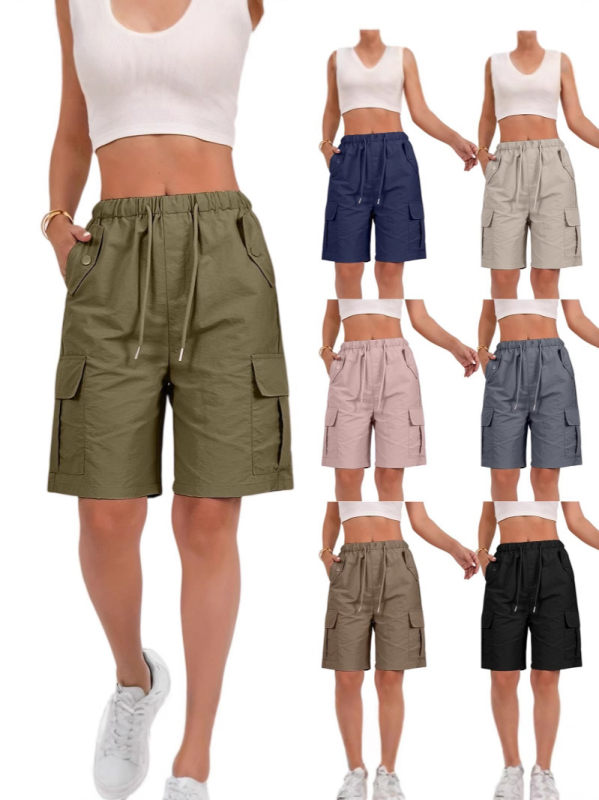 Női sportnadrág, lezser, laza, egyszínű, magas derekú, fűzős, cargo zsebes rövidnadrág