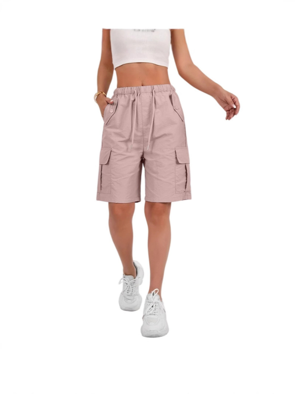Női sportnadrág, lezser, laza, egyszínű, magas derekú, fűzős, cargo zsebes rövidnadrág