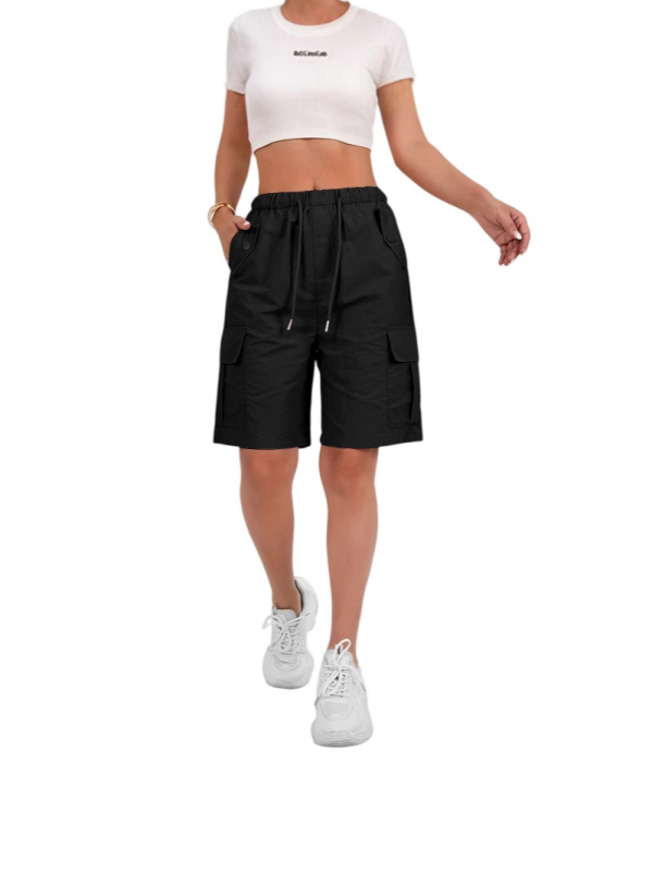 Női sportnadrág, lezser, laza, egyszínű, magas derekú, fűzős, cargo zsebes rövidnadrág