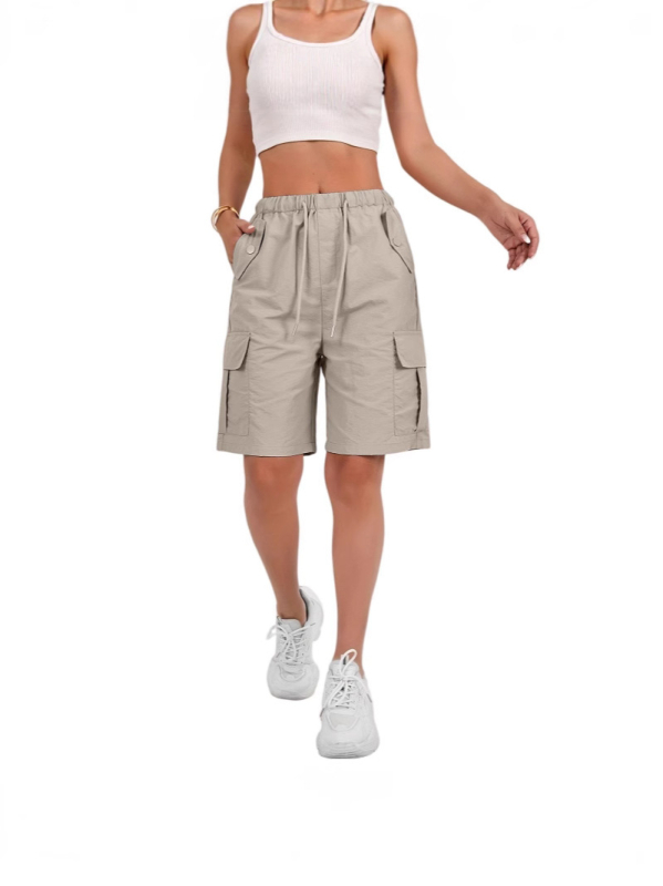 Női sportnadrág, lezser, laza, egyszínű, magas derekú, fűzős, cargo zsebes rövidnadrág