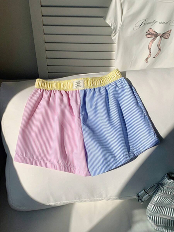 Amazon Külkereskedelmi 2025 Nyári Új Csíkos Patchwork Rövidnadrágok Laza Alkalmi Otthoni Légáteresztő Alvásnadrágok Európai és Amerikai Stílusban