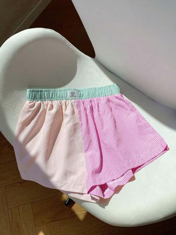 Amazon Külkereskedelmi 2025 Nyári Új Csíkos Patchwork Rövidnadrágok Laza Alkalmi Otthoni Légáteresztő Alvásnadrágok Európai és Amerikai Stílusban