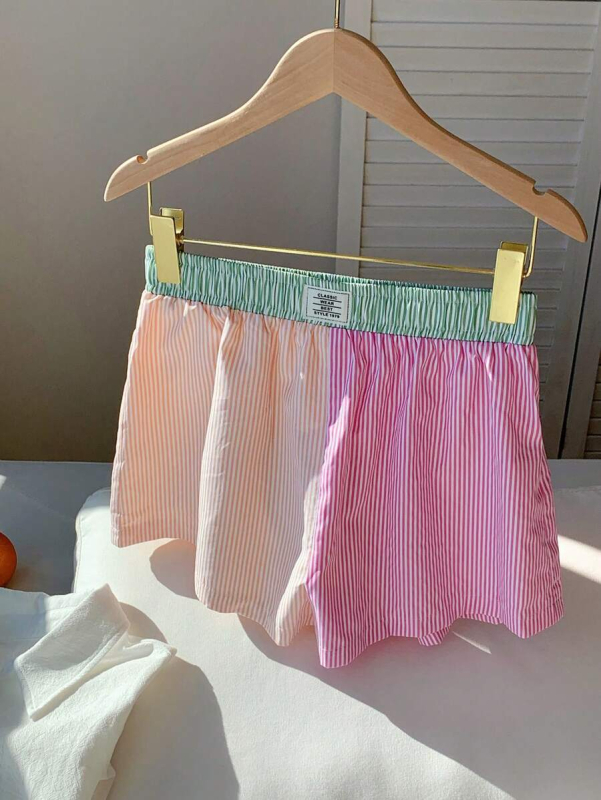 Amazon Külkereskedelmi 2025 Nyári Új Csíkos Patchwork Rövidnadrágok Laza Alkalmi Otthoni Légáteresztő Alvásnadrágok Európai és Amerikai Stílusban