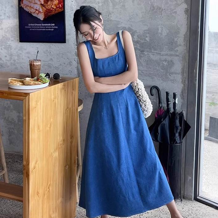 Kék ujjatlan farmer slip-on szoknya női tavaszi-nyári új szögletes gallér derék karcsúsító francia stílusú elegáns hosszú szoknya