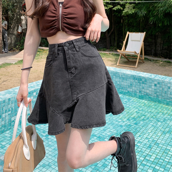 Черна дънкова пола за жени лято 2025, нова пола с висока талия, нишов дизайн и волани, тип рибена опашка