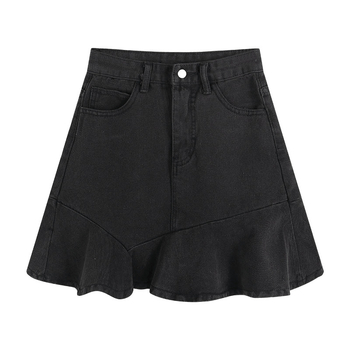 Черна дънкова пола за жени лято 2025, нова пола с висока талия, нишов дизайн и волани, тип рибена опашка