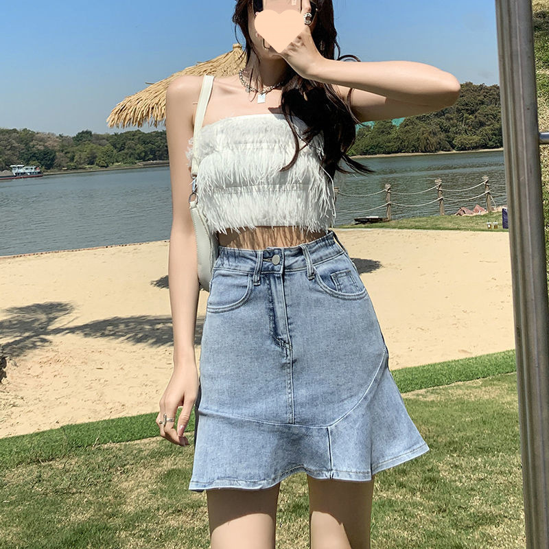 Fekete farmerszoknya nőknek 2025 nyárra, új, magas derekú, niche fodros halfarokszoknya