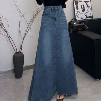 Kék koreai magas derekú, vékony farmerszoknya nőknek, nyári új, középhosszú, A-vonalú, sokoldalú, hosszú szoknya