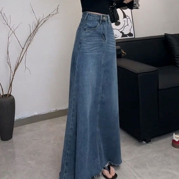 Μπλε κορεάτικη φούστα τζιν με ψηλή μέση και στενή γραμμή για γυναίκες, καλοκαίρι, νέα, μακριά φούστα μεσαίου μήκους, σε γραμμή Α, ευέλικτη