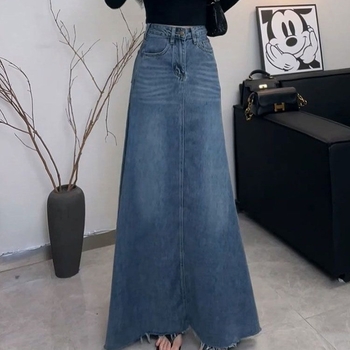 Μπλε κορεάτικη φούστα τζιν με ψηλή μέση και στενή γραμμή για γυναίκες, καλοκαίρι, νέα, μακριά φούστα μεσαίου μήκους, σε γραμμή Α, ευέλικτη