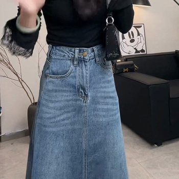 Μπλε κορεάτικη φούστα τζιν με ψηλή μέση και στενή γραμμή για γυναίκες, καλοκαίρι, νέα, μακριά φούστα μεσαίου μήκους, σε γραμμή Α, ευέλικτη