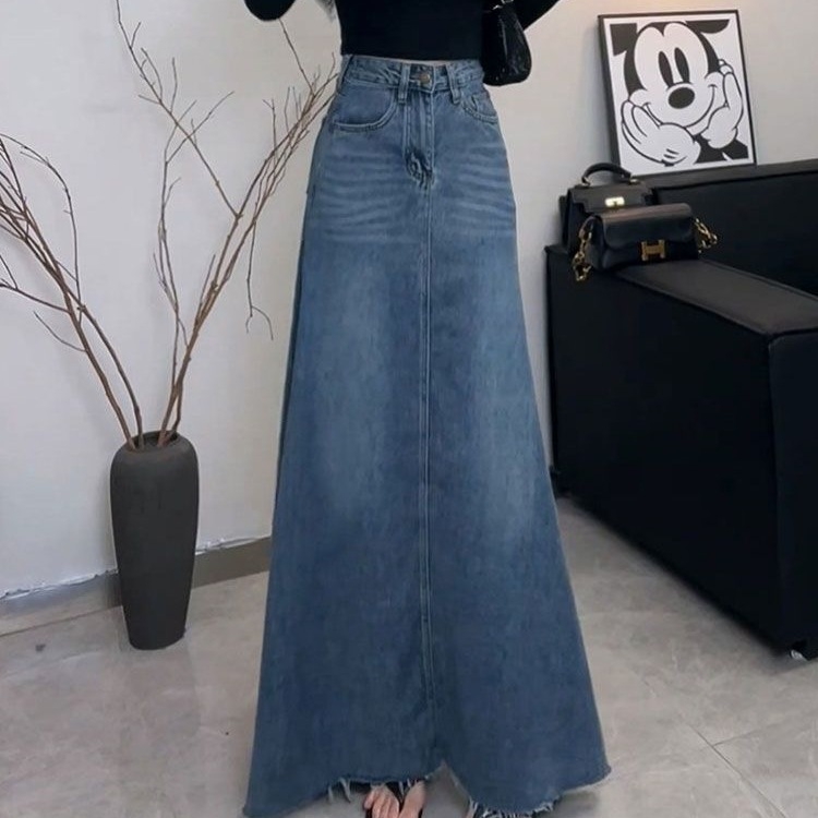 Kék koreai magas derekú, vékony farmerszoknya nőknek, nyári új, középhosszú, A-vonalú, sokoldalú, hosszú szoknya