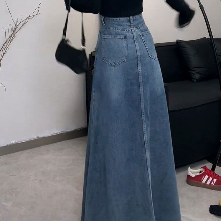 Kék koreai magas derekú, vékony farmerszoknya nőknek, nyári új, középhosszú, A-vonalú, sokoldalú, hosszú szoknya