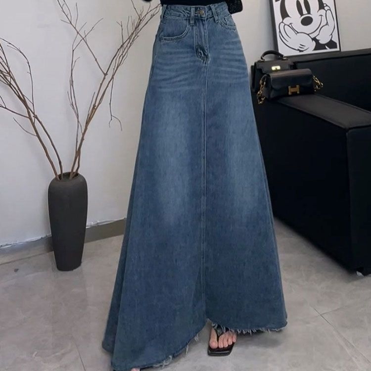 Kék koreai magas derekú, vékony farmerszoknya nőknek, nyári új, középhosszú, A-vonalú, sokoldalú, hosszú szoknya