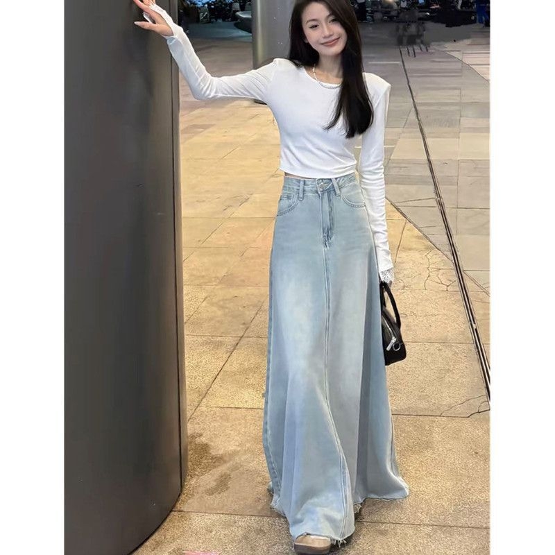 Kék koreai magas derekú, vékony farmerszoknya nőknek, nyári új, középhosszú, A-vonalú, sokoldalú, hosszú szoknya